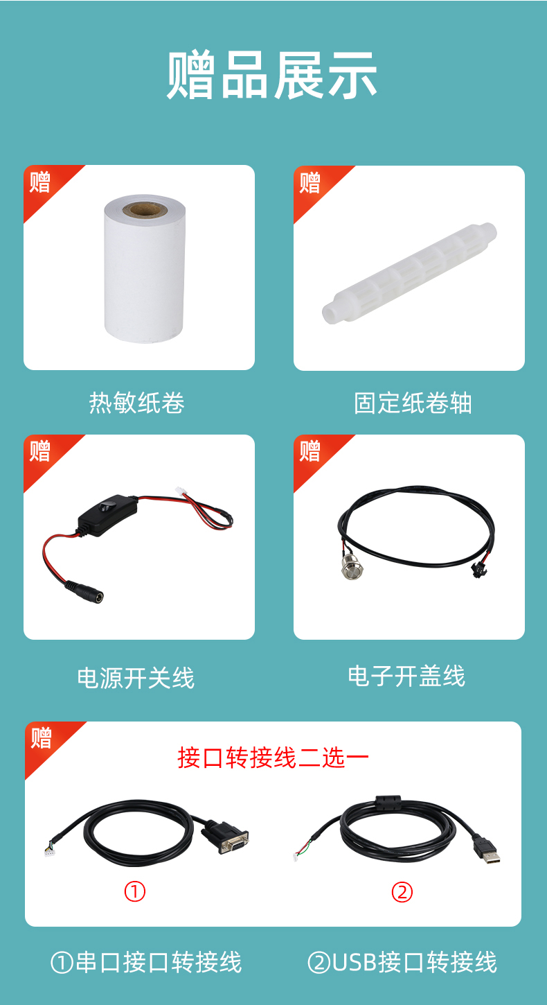 E80I贈送熱敏紙卷和固定紙卷軸、電源開關線、電子開蓋線，串口和USB接口轉接線二選一